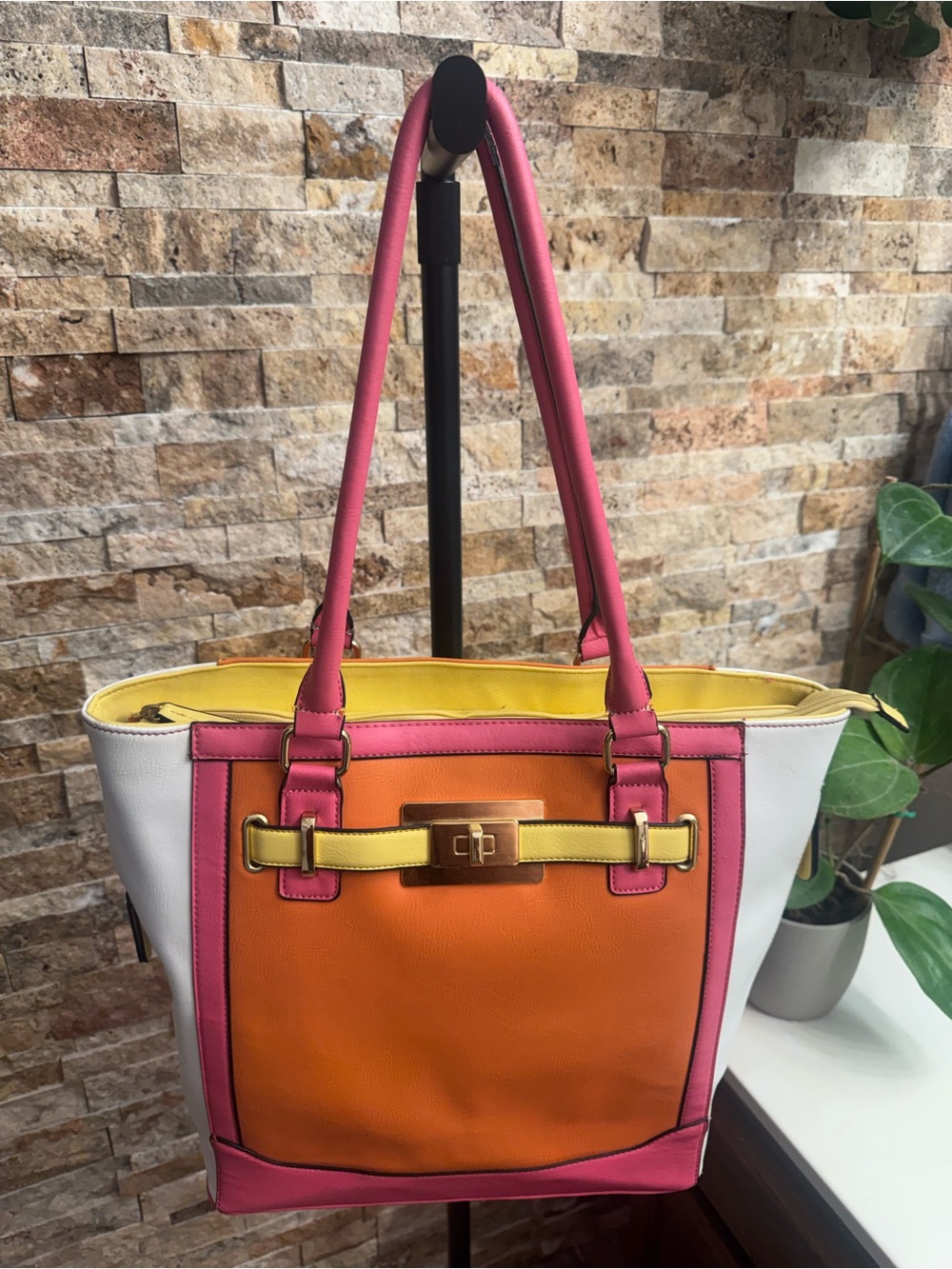Apt. 9 Colorblock Tote in Pink, Orange, Yellow & White with Gold Hardware